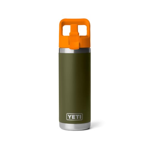 Image of YETI Rambler 18 oz Bottle, Vacuum Insulated, Stainless Steel with Color Matching Straw Cap, Olive /King Crab Orange