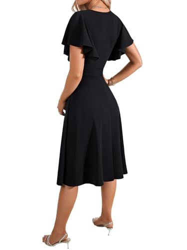 Image of LYANER Women's Warp V Neck Ruffle Short Sleeve A Line Swing Flared Cocktail Party Midi Dress