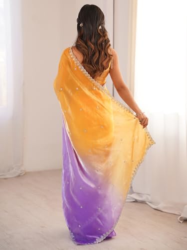 Image of AKHILAM Women's Shimmer Satin Sequence Embroidery Saree With Unstitched Blouse Piece(AARYAN21701 KR Parent)