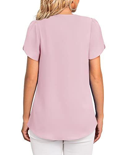 Gaharu Blouses For Women Business Casual Spring Blouses Chiffon V Neck Short Sleeve Work Shirts Pleated Office Top Rose Pink,M #TOP3