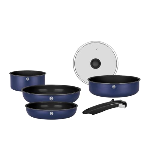 Sitram 716978 Cookware Set Recycled Aluminium Blue 6 Pieces: 1 Removable Handle, 1 Saucepan Diameter 18 cm, 2 Frying Pans Diameter 22.26 cm, 1 Sauté Pan Diameter 24 cm, 1 Lid – Suitable for All Heat - Image 2