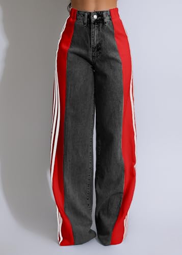 Women’s Jeans with Patchwork Stripes,High Waisted Straight Stretchy Loose Color Block Wide Leg Denim Pants (Black Green,Large)4