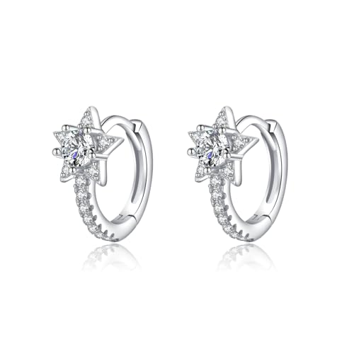 SLUYNZ Solid 925 Sterling Silver Small Star Hoop Earrings for Women Teens CZ Star Hoop Earrings Huggie