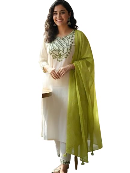 Women's Rayon Slub Kurti Pant Dupatta Set | Three-Quarter Sleeve Ethnic Kurta Pant & Chanderi with Digital Print Dupatta Set White-picture-36