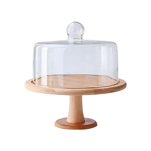 Cake Stand with Right Angle Top Cover, 12 in Wood Cake Plate with Clear Glass cover, Cake Stand Display Stand for Birthday, Wedding, Party, Café (Footed)