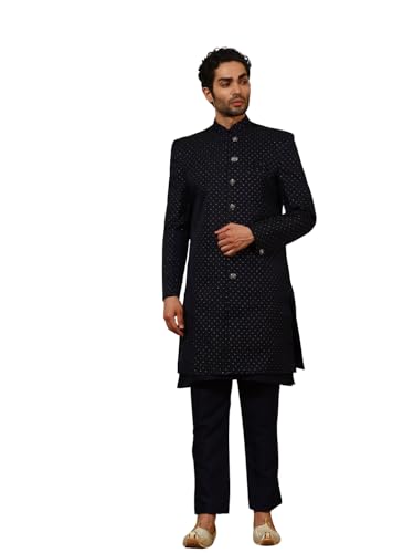 Pro-Ethic Style Developer Cotton Indo-Western Set with Embroidered Long Jacket for Men (Navy Blue, Large)