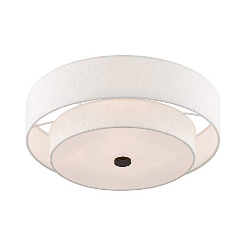 Livex Lighting 51085-92 4-Light Semi Flush Mount Ceiling Fixture With Oatmeal Color Fabric Hardback Drum Shade And Satin White Diffuser, English Bronze #TOP4