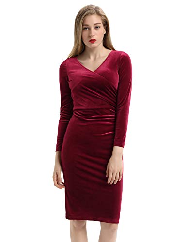 Women's Vintage Long Sleeve V-Neck Velvet Pencil Dress Wine Size L BP743-2