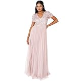 Maya Deluxe Damen Maya Deluxe Women's Maxi Ladies V-neck Plus Size Ball Gown Short Sleeves Long Elega Bridesmaid Dress, Frosted Pink, 42 EU
