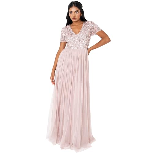 Maya Deluxe Damen Maya Deluxe Women\'s Maxi Ladies V-neck Plus Size Ball Gown Short Sleeves Long Elega Bridesmaid Dress, Frosted Pink, 42 EU
