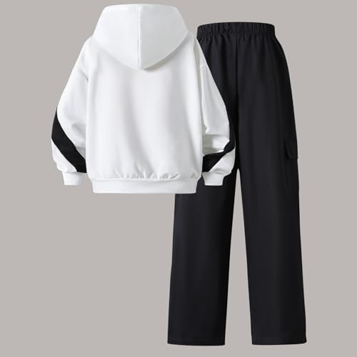 Girls' Hooded Sweatshirt and Pants Set, White and Black, Casual Jersey Outfit, 8-12 Years2