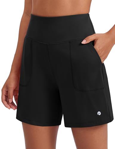 PINSPARK Women's Athletic Shorts High Waisted Running Shorts 6' Buttery Soft Workout Shorts with Pockets Tummy Control Yoga Shorts Black M