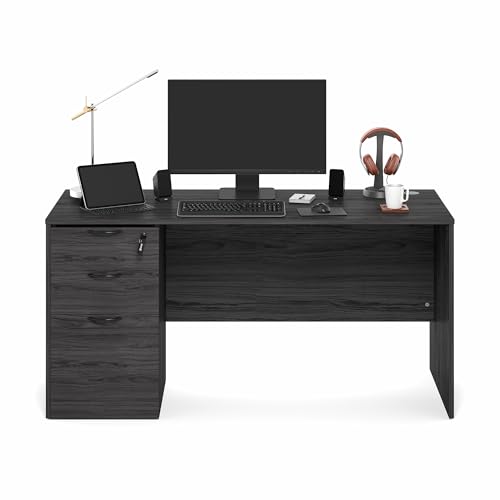Image of Furinno Roger 60 Inch Executive Desk with File Cabinet, Home Office Desk with 3-Drawer Fixed Pedestal Filing Cabinet, Desk Cord Grommet, for Home Office, Antique Grey