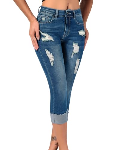 roswear Women's Ripped Stretchy Capri Jeans Mid Rise Cuffed Petite Denim Pants