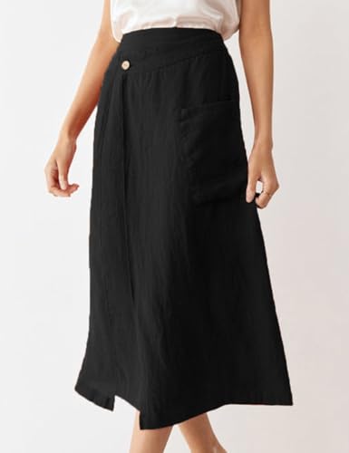 Kinghua Linen Skirts for Women Summer Casual Wrap A Line High Waisted Midi Skirt with Pockets3