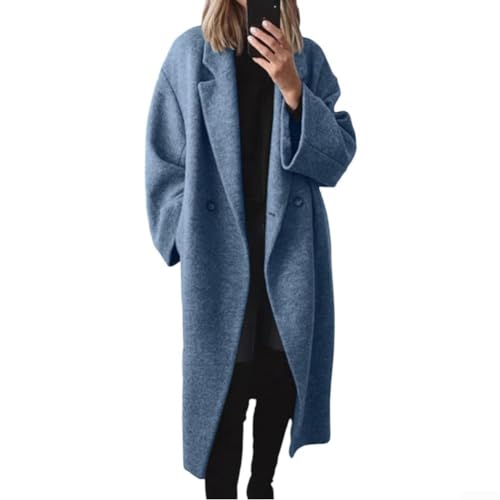 BEYOEE Chaqueta de lana gruesa y cálida con doble botonadura para mujer, casual, color liso, abrigo versátil para primavera, otoño e invierno, gabardina larga, azul-XXL