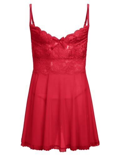 ABAFIP Men's Sissy Lingerie Crossdressing Nightwear Sheer Lace Mesh Nightdress Ruffle V-Neck Nightgown Red X-Large