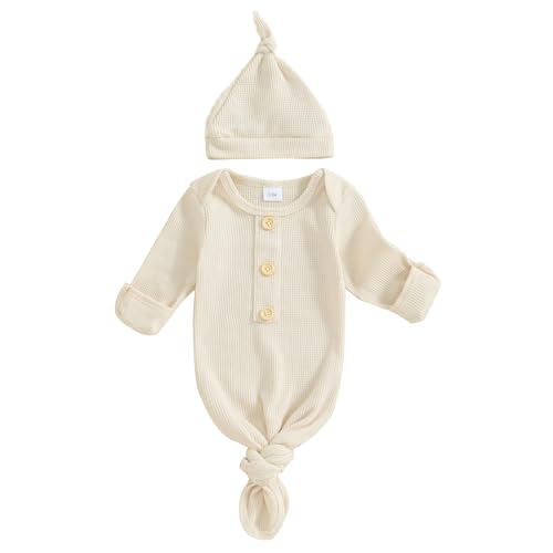 Image of BULINGNA Newborn Baby Boys Girls Knotted Gown with Hat Set, Unisex Infant Nightgown with Mittens Sleepwear One Piece Pajamas