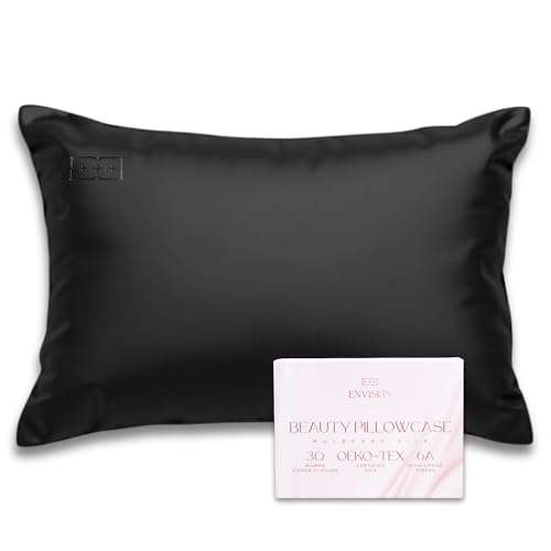 Image of 100% Mulberry Silk Pillowcase Infused with Silver Ions - Pure 30 Momme Grade 6A Fibers for Beautiful Skin and Hair - Cooling Pillow Case Protector with Zipper (Standard) Black Color