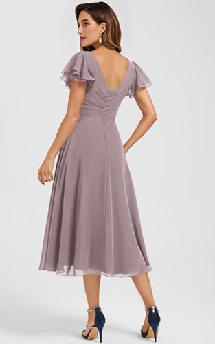 Women's Short Chiffon Bridesmaid Dress with Ruffles Flutter Sleeve V-Neck Cocktail Formal Gowns 2025 with Pockets2