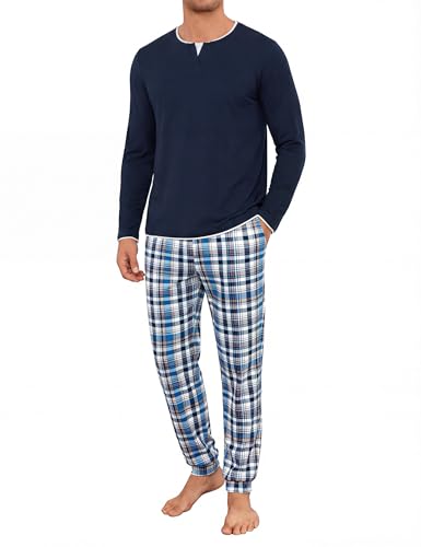 Jahetuul Pijama Hombre Invierno Algodón Manga Larga con Cuello Redondo Diseño de Escote con Efecto de Capas Conjunto de Dormir Cómodo para Casa