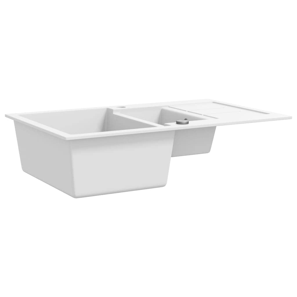 Fregadero de granito doble blanco empotrable con escurridor y residuos, fregadero de cocina de granito resistente a los arañazos con sifón, orificio para grifo, rebosadero, accesorios para