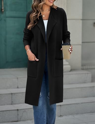 Image of MEROKEETY Women's Open Front Coatigan Sweater Long Sleeve Casual Knit Lapel Cardigan Coat with Pockets