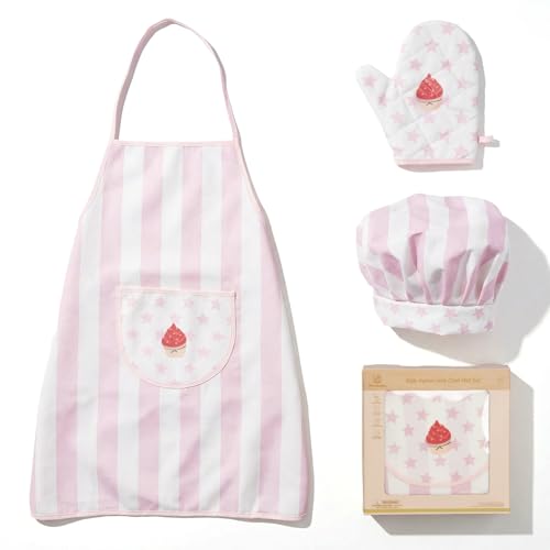 Kid Apron and Chef Hat Set, 3 Pcs Children Cooking Baking Set Kits Role Play Chef Toy Kid Cooking Gift for Girls Boys (Pink)