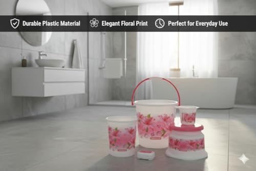 Image of MODWARE Floral Bathroom Set, 5 Pieces, Polypropylene, 20 L Bucket with Mug, Soap Case, Open Dustbin, Stool (Pink)