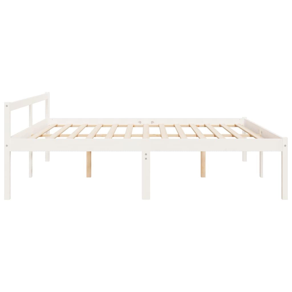 Seniorenbett 180x200 cm aus massivem Kiefernholz, Doppelbett in Weiß, Seniorengerechte Komforthöhe 45 cm, stabiles Bettgestell mit Kopfteil und Stauraum unter dem Bett