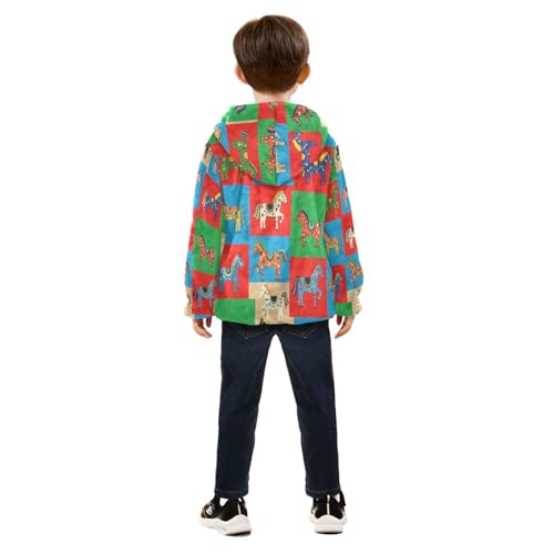 Colorful Horses on Squares Toddler Fleece Jacket Girl Boys Hooded Fleece Jacket Coat Warm Outwear Zip-up 3-10T4