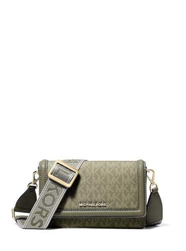 Michael Kors Bolsa tiracolo para celular Jet Set, ferragens douradas/tonal MK Signature Nylon com logotipo MK Webbing/Ivy