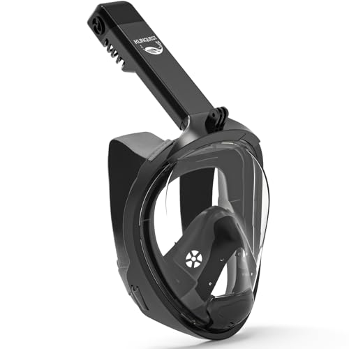 Máscara de esnórquel de cara completa, vista panorámica de 180°, diseño antivaho con sistema Dry Top, compatible con soporte de cámara (negro, L/XL)