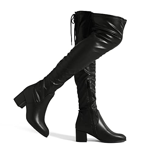 DREAM PAIRS Women's Laurence Over The Knee Thigh High Chunky Heel Boots Long Stretch Sexy Fall Boots 7.5 Black/Pu
