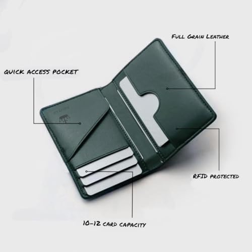 Bbelleco Genuine Leather Slim Wallet | RFID Blocking Skinny Minimal Thin Front Pocket Wallet Sleeve Card Holder for Men | 10 Card Slots, 1 ID Window, 3Card Puller, 2 Hidden Pocket (Green)3
