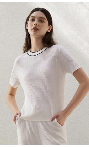 Luxury Cable Knit Short Sleeve Sweater, Crew Neck, White with Black Trim, Wool Silk Blend,24BC-2 (US, Alpha, Medium, Regular, Regular, White)2