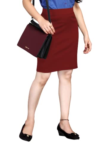 SCUBE DESIGNS Stylish Fashion Solid Color High Waist Stretchable Knee Length Pencil Skirt with Elasticated Waist Belt Slim Fit Straight Skirt - Half Skirt for Girls/Women