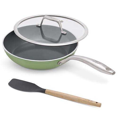 Image of Asai Ceramic Pan for Cooking 24cm Swiss Non-Stick Frying Pan with Lid | Green | Lab-Tested | 100% Toxin Free | No PFAS, PFOA, PTFE | Superior Swiss Ceramic | Induction Safe │ ISI & FDA Approved