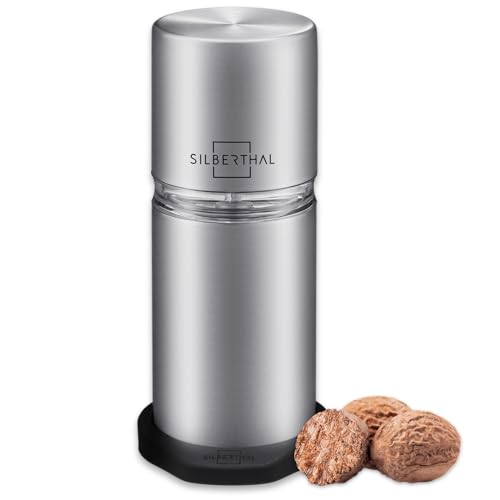 Produktfoto von SILBERTHAL Muskatnuss Mühle für fein gemahlene Muskatnuss mit Untersetzer - Muskatreibe mit Aufbewahrung aus Edelstahl…