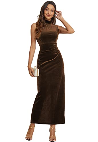 Capuffy Women Backless Velvet Maxi Dress Back Slit Ruched Bodycon Formal Dress High Neck Cocktail Party Dress 0912