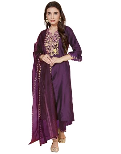 Image of SKYLEE Silk Blend Embroidery Straight Kurta Set with Dupatta