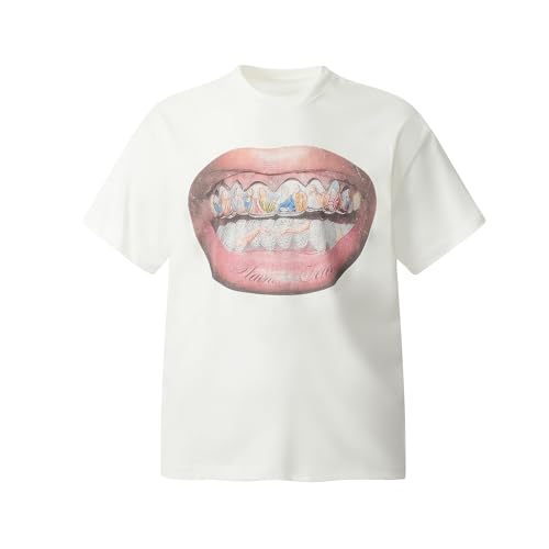 Men's Vintage Hip Hop Portrait Print T-Shirt Oversize Washed Cotton Crewneck Rapper Short Sleeve Top