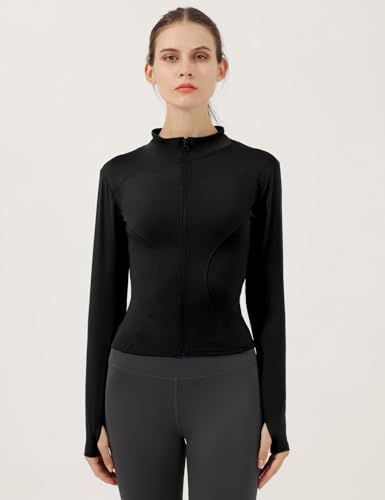 Locachy Women's Lightweight Stretchy Workout Full Zip Running Track Jacket with Thumb Holes, Black, Small - 5