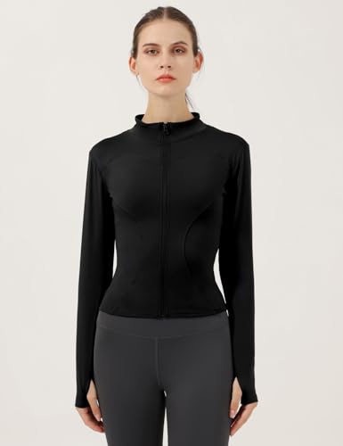 Gacaky Women\'s Slim Fit Lightweight Athletic Full Zip Stretchy Workout Running Track Jacket with Thumb Holes Black M - Thumbnail 2