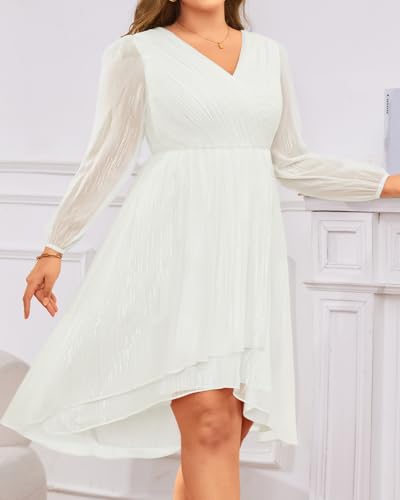 Image of Plus Size Wedding Guest Dress - Formal Long Sleeve A Line V Neck Midi Dress | Formal fall wedding guest dress, A-line pleated midi style with long sleeves & V-neck for curvy women.