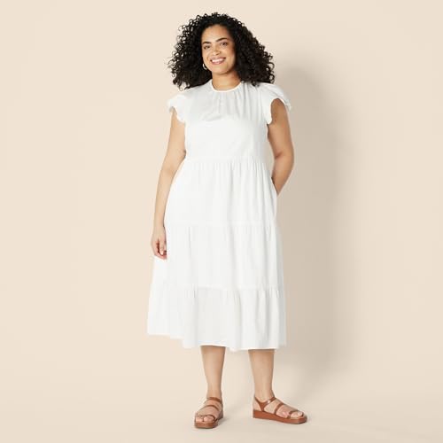 Amazon Essentials Women's Relaxed-Fit Cotton Sateen Crewneck Tiered Midi Dress with Flutter Sleeves, Back Button Closure, White, X-Small - image 5