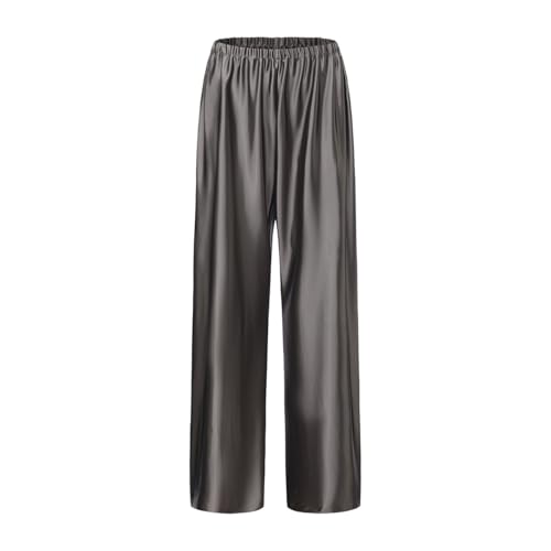 Women Satin Wide Leg Dress Pants Silk Casual Dressy Long Flowy Pants Elastic High Waisted Trousers (US, Alpha, Small, Regular, Regular, Dark Gray)