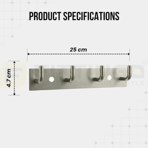 Image of Stainless Steel 4 Hook Cloth Hanger for Door /Dress Hanger Wall Mount /Bathroom Hooks for Hanging Clothes (Silver Matt) Pack of 4-| 3 Years Warranty |