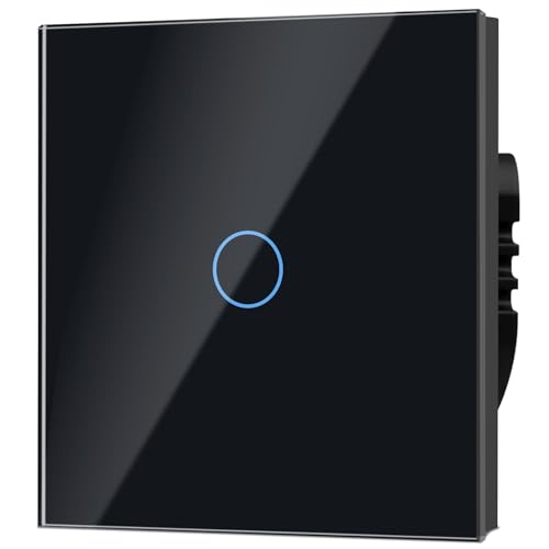 TAWOIA Normaler Lichtschalter,Wandlichtschalter,Standard 110 V - 240 V Glasscheibe,86 * 86 mm,1 Fach 1 Wege Berührungs Lichtschalter,Schwarz