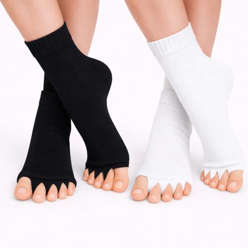 Image of Foot Alignment Orthopedic Cotton Socks for Men & Women | Five Toe Separator | Foot Pain Relief | Bunion Corrector | Plantar Fasciitis Support |Free Size | Black-White | 2 Pair | UK8-11